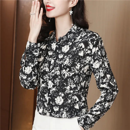 Ribbon Bow Women Silk Print Shirt Polka Dot Long Sleeve Button Up Blouses Office Ladies Casual Shirts Spring Autumn Designer Blouse Fine Elegant Tops Woman