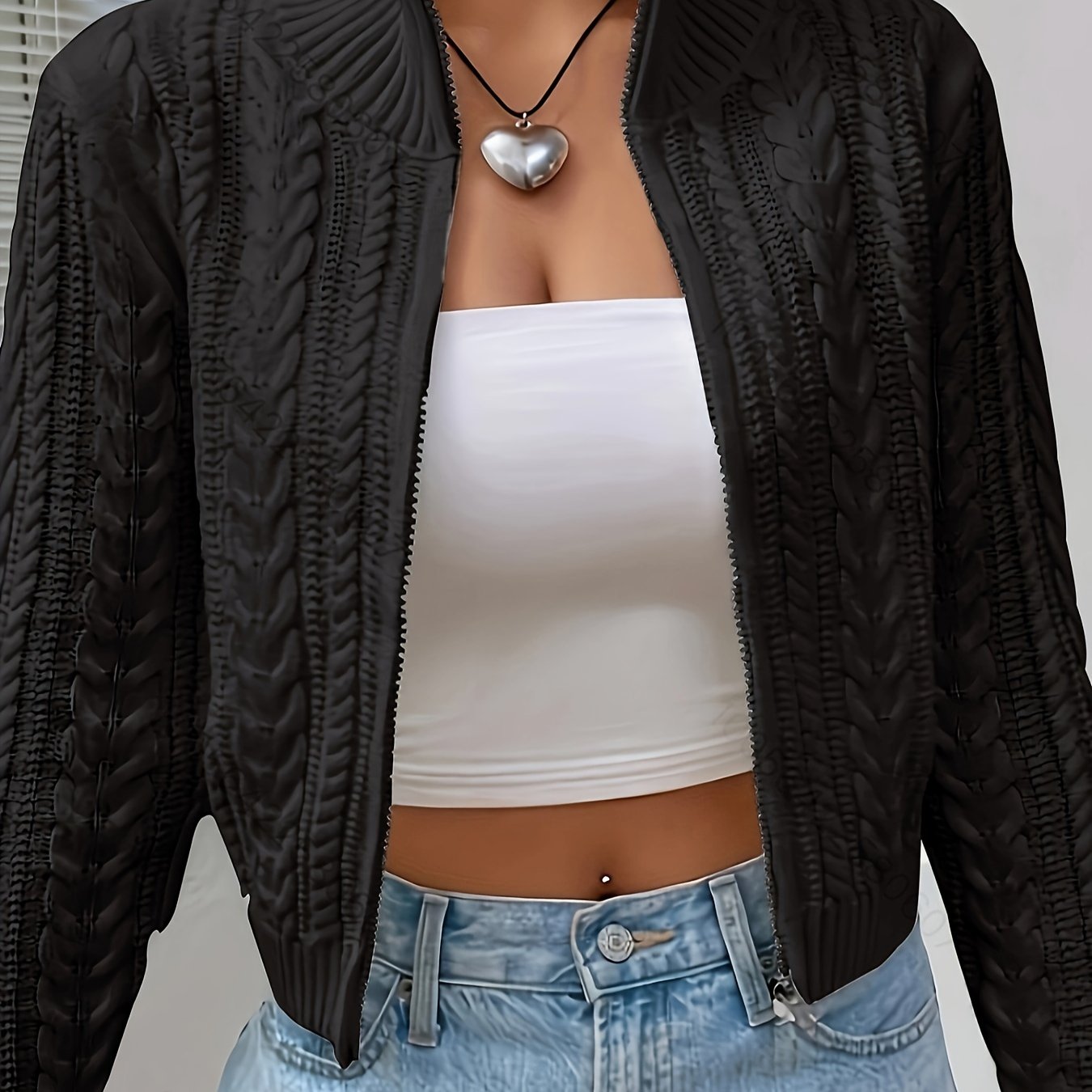vlovelaw  Solid Zip Up Cable Knit Cardigan, Elegant Mock Neck Long Sleeve Slim Sweater, Women's Clothing