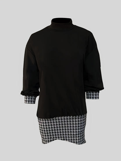 vlovelaw  Houndstooth Asymmetrical High Collar Long Sleeve Dress, Elegant Autumn Bag Hip Stylish Dress, Women's Clothing