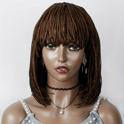 12 Inch Short Box Braid BoBo Wig - Synthetic Hair, Straight Style, Elastic Net Cap, Cornrow Braided Design, Bangs, Basics Style for African Women