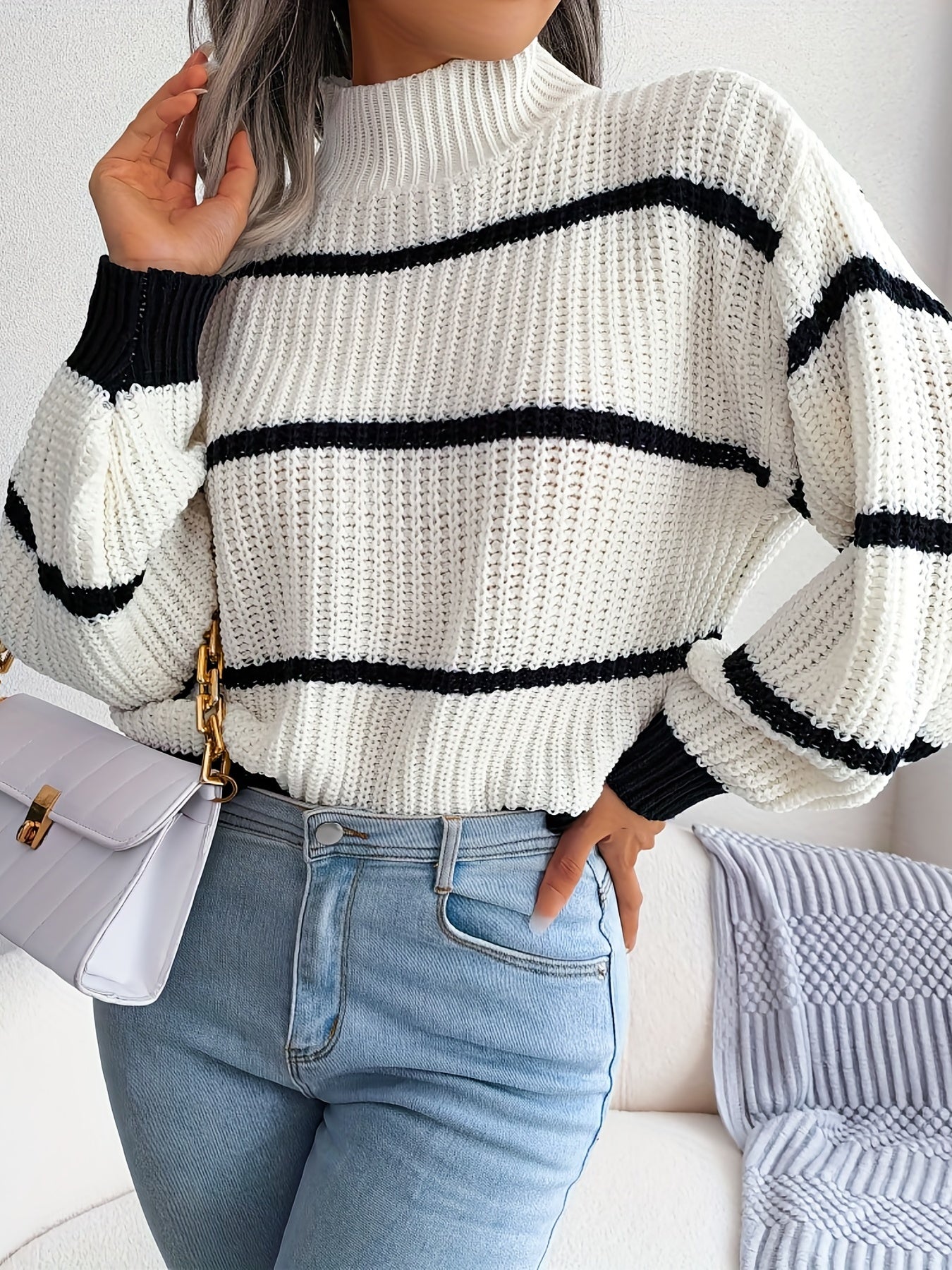 vlovelaw Striped Color Block Crew Neck Sweater, Casual Long Sleeve Loose Fall Winter Knit Sweater, Women's Clothing