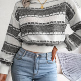 Striped Color Block Crew Neck Sweater, Casual Long Sleeve Loose Fall Winter Knit Sweater, Women's Clothing