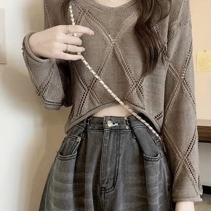 vlovelaw  Solid Cut Out Asymmetrical Sweater, Casual Long Sleeve Sweater For Spring & Fall, Women's Clothing