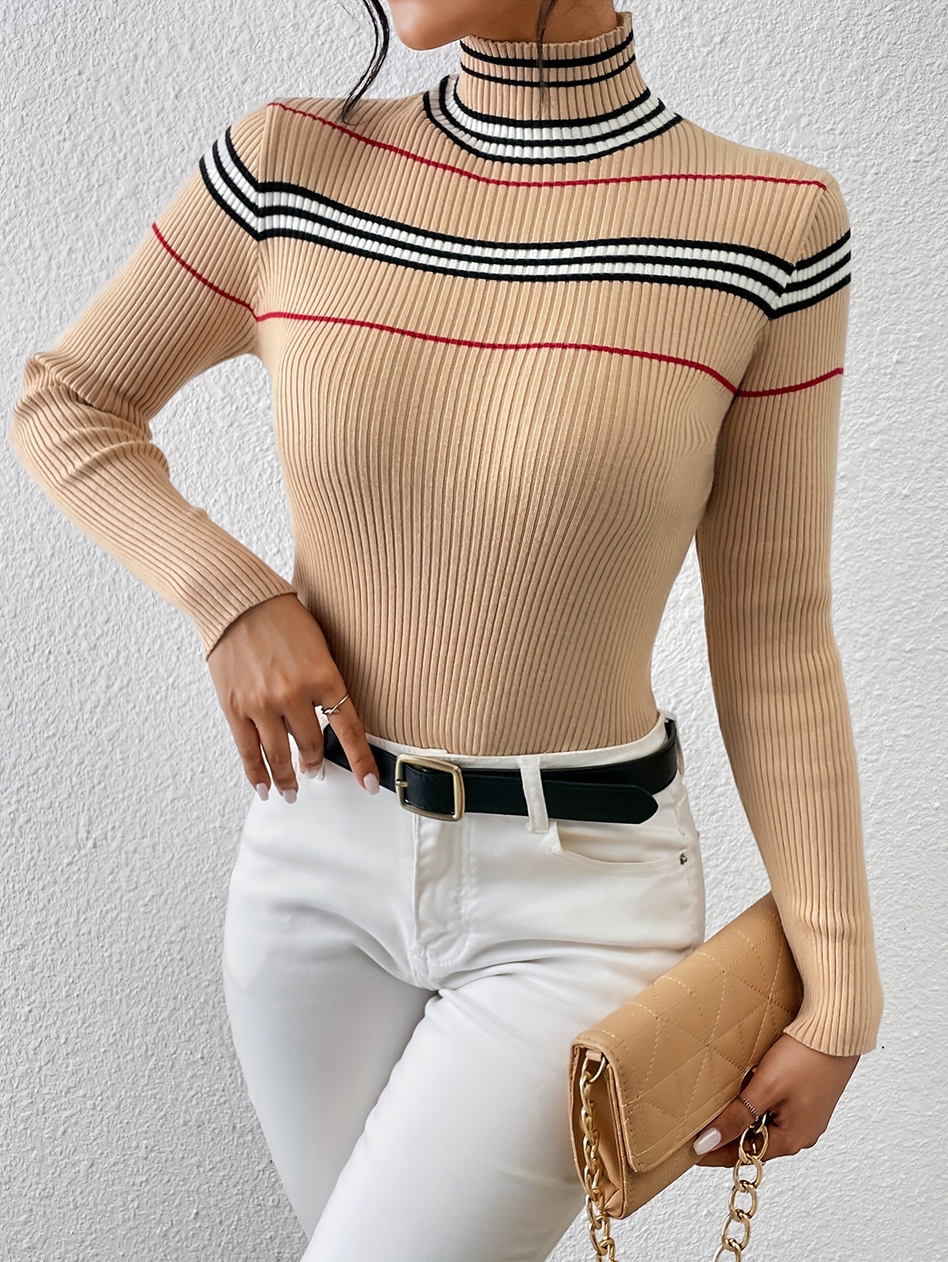 vlovelaw Striped Turtle Neck Pullover Sweater, Casual Long Sleeve Slim Sweater For Fall & Winter, Women's Clothing