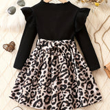 vlovelaw  Girl's Leopard Print Stitching Rib Knit Comfort Fit Long Sleeve Dress For Party Going Out, Kid's Dresses Gift Idea