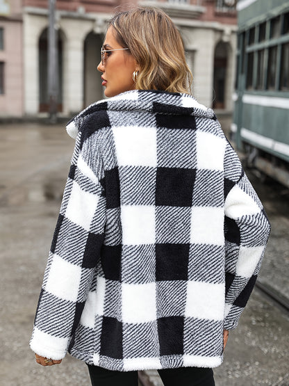 vlovelaw  Color Block Button Front Plush Jacket, Dual Pockets Long Sleeve Lapel Jacket For Fall & Winter, Women's Clothing