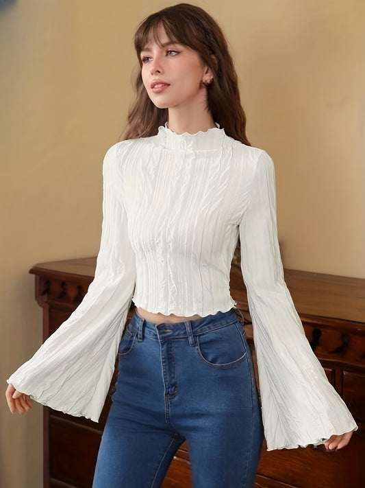 vlovelaw  Textured Flared Sleeve Crop Top, Lettuce Trim Mock Neck Top For Spring & Fall, Women's Clothing