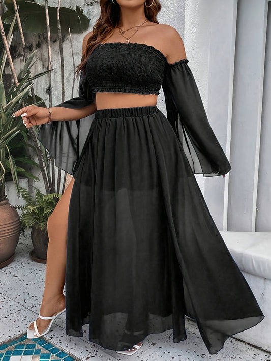 vlovelaw  Plus Size Solid Two-piece Skirt Set, Shirred Off Shoulder Split Sleeve Top & Hogh Waist Skirts Outfits, Women's Plus Size Clothing