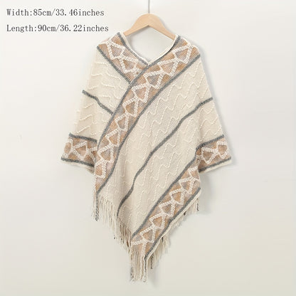 vlovelaw Boho Tassel Pullover Knit Shawl Retro Wave Striped Wrap Color Versatile Travel Beach Towel Loose Geometric Pattern Shawl Wrap