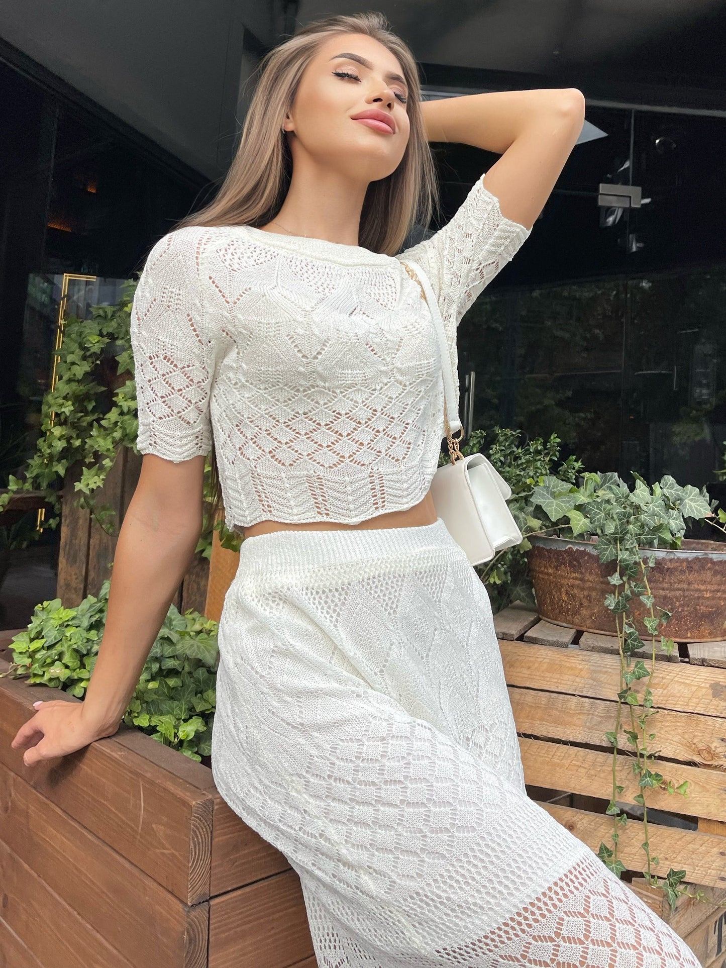 vlovelaw  Hollow Out Knitted Skirt Suit, Crew Neck Short Sleeve Crop Top & High Waist Scallop Trim Semi-sheer Skirt Outfits, Women's Clothing