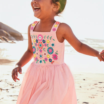 Adorable Girls Floral Embroidered Sundress - Soft Cotton for Summer Holidays, Perfect for Casual Outings and Vacation Fun