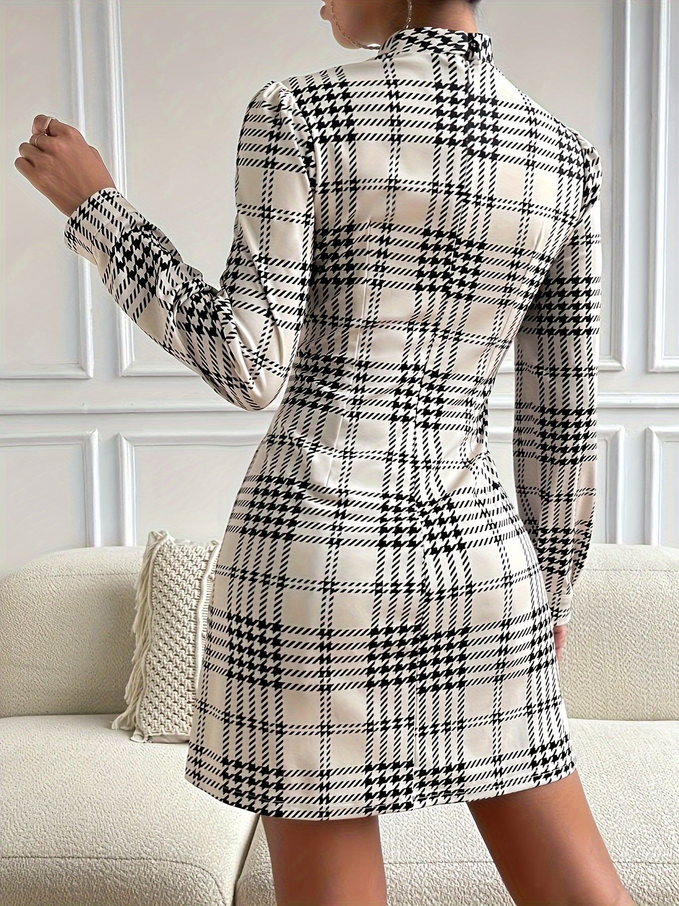 vlovelaw Plaid Pattern Mock Neck Dress, Elegant Long Sleeve Dress For Spring & Fall, Women's Clothing