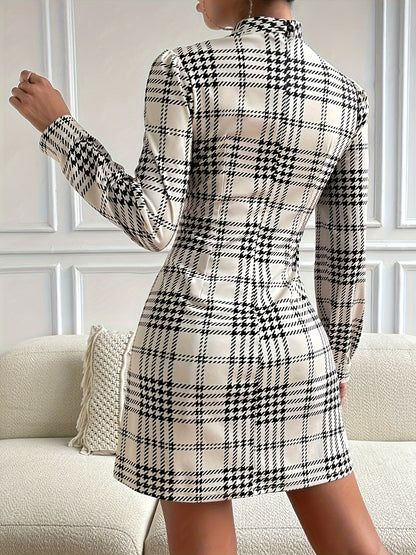 vlovelaw Plaid Pattern Mock Neck Dress, Elegant Long Sleeve Dress For Spring & Fall, Women's Clothing
