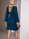 vlovelaw  Solid Crew Neck Dress, Elegant Long Sleeve Ruffle Hem Dress, Women's Clothing