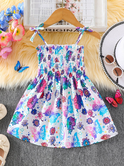 Girls Whimsical Butterfly Print Sundress - Perfect for Warm Weather, Flowy and Lightweight with Adjustable Bowknot Shoulder Ties for All-Day Cool Comfort - Cute and Trendy Design for the Modern Girl