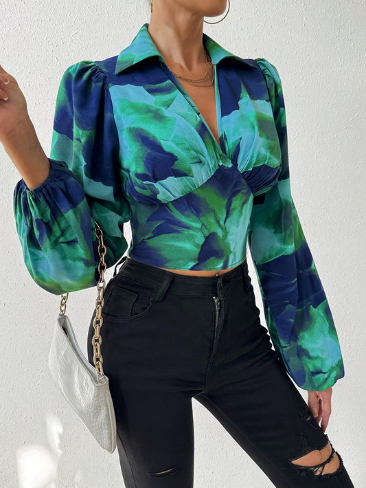 vlovelaw Tie Dye Print Lapel Neck Blouse, Elegant Cut Out Bow Back Ruched Bust Long Sleeve Blouse For Spring & Summer, Women's Clothing