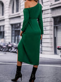 One-shoulder Lantern Sleeve Wrap Dress, Elegant Tie-waist Dress For Spring & Fall, Women's Clothing