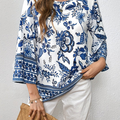 vlovelaw  Blue And White Porcelain Print Blouse, Casual Crew Neck Loose Sleeve Blouse, Women's Clothing