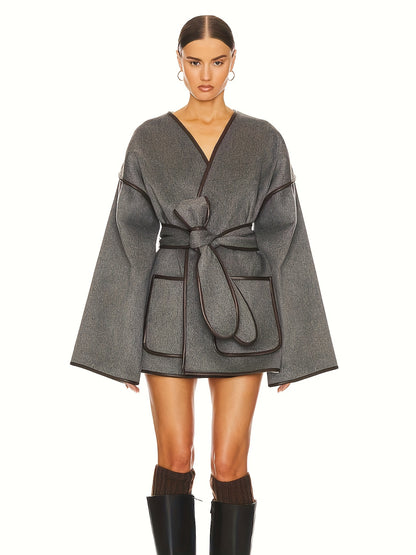 vlovelaw  Contrast Trim Open Front Tied Coat, Stylish Long Sleeve Dual Pocket Jacket For Fall & Winter, Women's Clothing