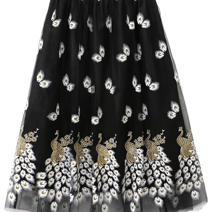 Plus Size Elegant Skirt, Women's Plus Peacock & Feather Print Elastic Waist Pleated Mesh Skirt