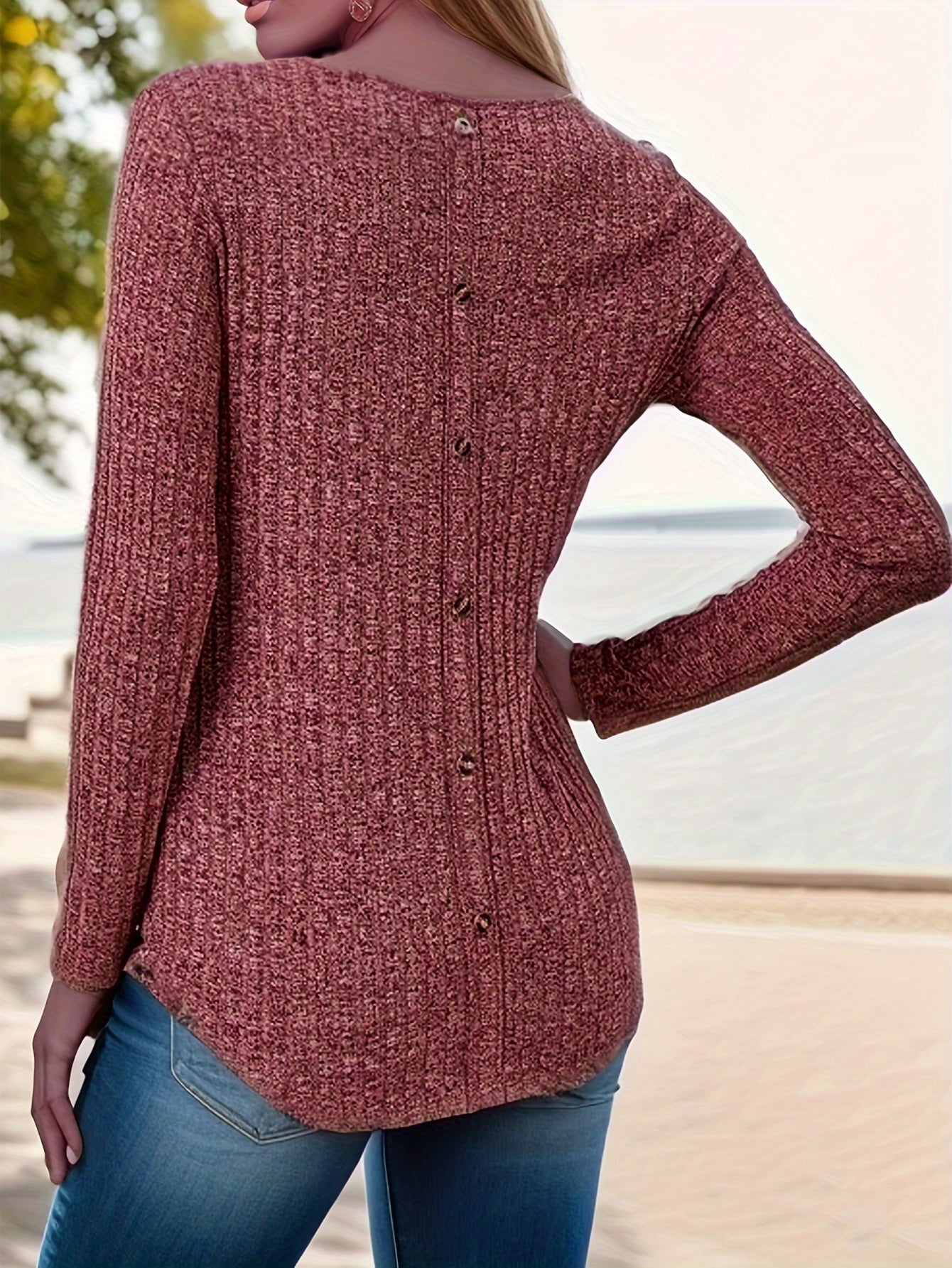 Long Sleeve Solid Color Crew Neck Casual T-shirt with Fake Buttons - Soft Mid-Elasticity Polyester Fabric, Regular Length, No Printing, Perfect for Spring and Fall Seasons