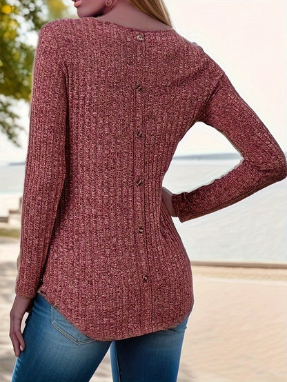 Long Sleeve Solid Color Crew Neck Casual T-shirt with Fake Buttons - Soft Mid-Elasticity Polyester Fabric, Regular Length, No Printing, Perfect for Spring and Fall Seasons