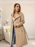 Double Breasted Lapel Trench Coat, Casual Long Sleeve Belted Coat For Fall & Winter, Women's Clothing