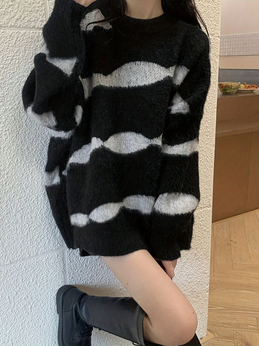 vlovelaw  Color Block Striped Knit Sweater, Casual Crew Neck Long Sleeve Sweater For Spring & Fall, Women's Clothing