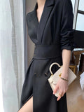 vlovelaw  Solid Contrast Collar Midi Dress, Elegant Long Sleeve Work Dress, Women's Clothing