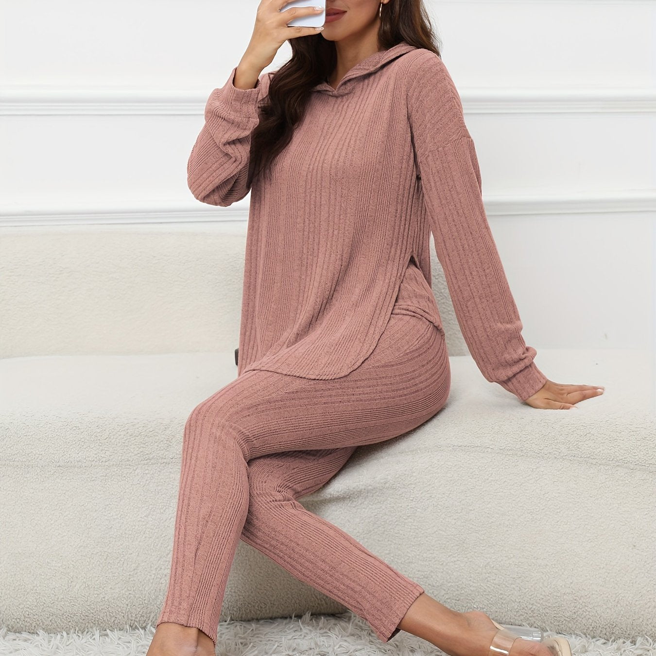 Solid Casual Knitted Two-piece Set, Long Sleeve Split Hooded Top & Skinny Pants Outfits, Women's Clothing