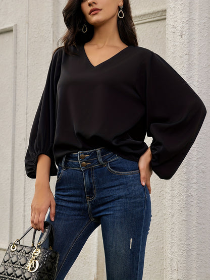 Solid V Neck Blouse, Elegant Lantern Sleeve Blouse For Spring & Fall, Women's Clothing