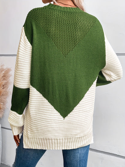 Color Block Crew Neck Sweater, Casual Long Sleeve Split Side Sweater, Women's Clothing