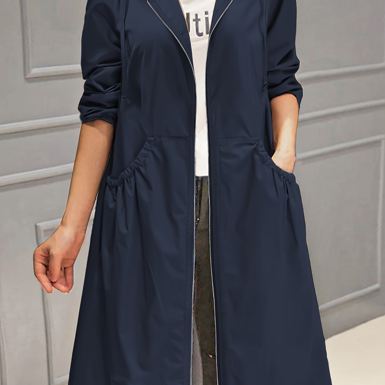 vlovelaw  Plus Size Casual Trench Coat, Women's Plus Solid Long Sleeve Hooded Drawstring Zipper Longline Trench Coat With Pockets