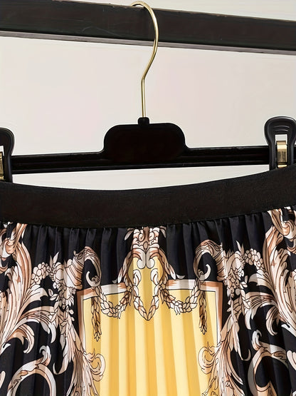 Plus Size Elegant Skirt, Women's Plus Baroque Print Elastic Waist High Rise Pleated Maxi Skirt