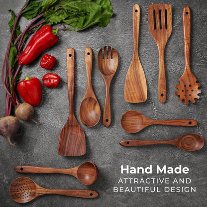 10pcs Premium Wooden Spoons Set - Sturdy, Lightweight, Heat Resistant, Non-Stick, Easy to Clean Cooking Utensils - Kitchen Essentials, Baking Supplies, Cooking Accessories, Utensil Holder Box Included