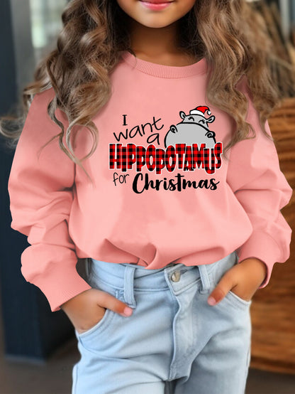 Cute Holiday Hippo Print Long Sleeve Sweatshirt for Girls - Soft, Loose-Fit, Casual Kids Clothing Gift - Fun Graphic Tee for Christmas