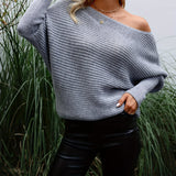 vlovelaw Solid Boat Neck Knit Sweater, Casual Long Sleeve Versatile Sweater, Women's Clothing