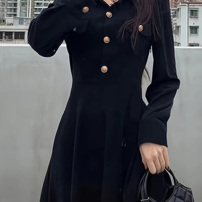 vlovelaw Single Breasted V-neck Slim Dress, Elegant Puff Sleeve Vintage Dress For Spring & Fall, Women's Clothing