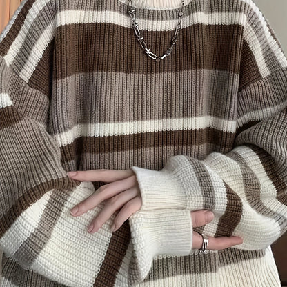 vlovelaw  Men's Stylish Vintage Style Color Matching Knitted Pullover, Casual Breathable Long Sleeve Crew Neck Top For City Walk Street Hanging Outdoor Activities