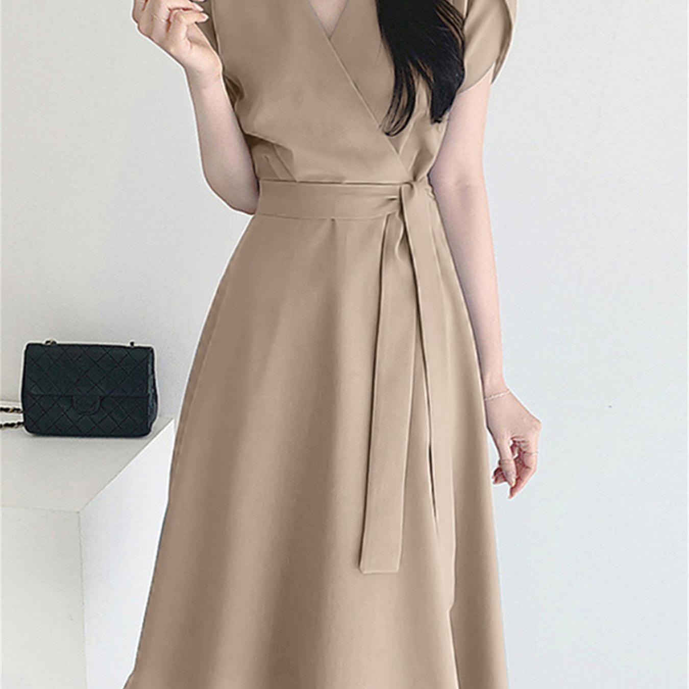 Belted Surplice Neck Solid Dress, Elegant Short Sleeve A-line Dress, Women's Clothing