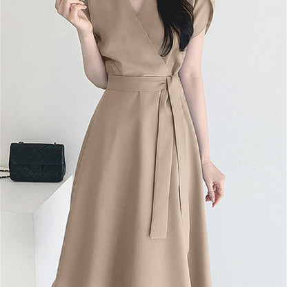 Belted Surplice Neck Solid Dress, Elegant Short Sleeve A-line Dress, Women's Clothing
