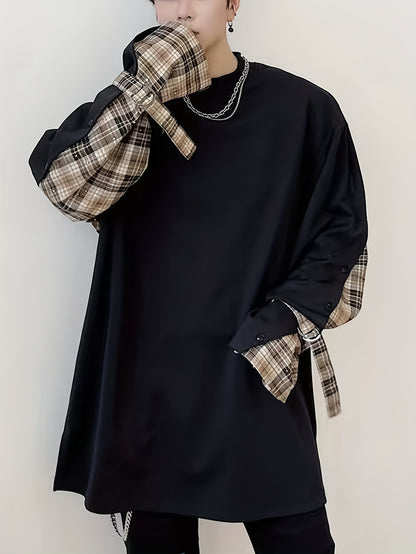 vlovelaw Men's Stylish Collage Style Sweatshirt, Casual Slightly Stretch Button Decor Long Sleeve Loose Top For Outdoor