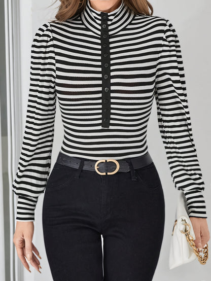vlovelaw  Stripe Print Mock Neck Button T-Shirt, Casual Long Sleeve T-Shirt For Spring & Fall, Women's Clothing