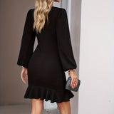 vlovelaw  Solid Crew Neck Dress, Elegant Long Sleeve Ruffle Hem Dress, Women's Clothing