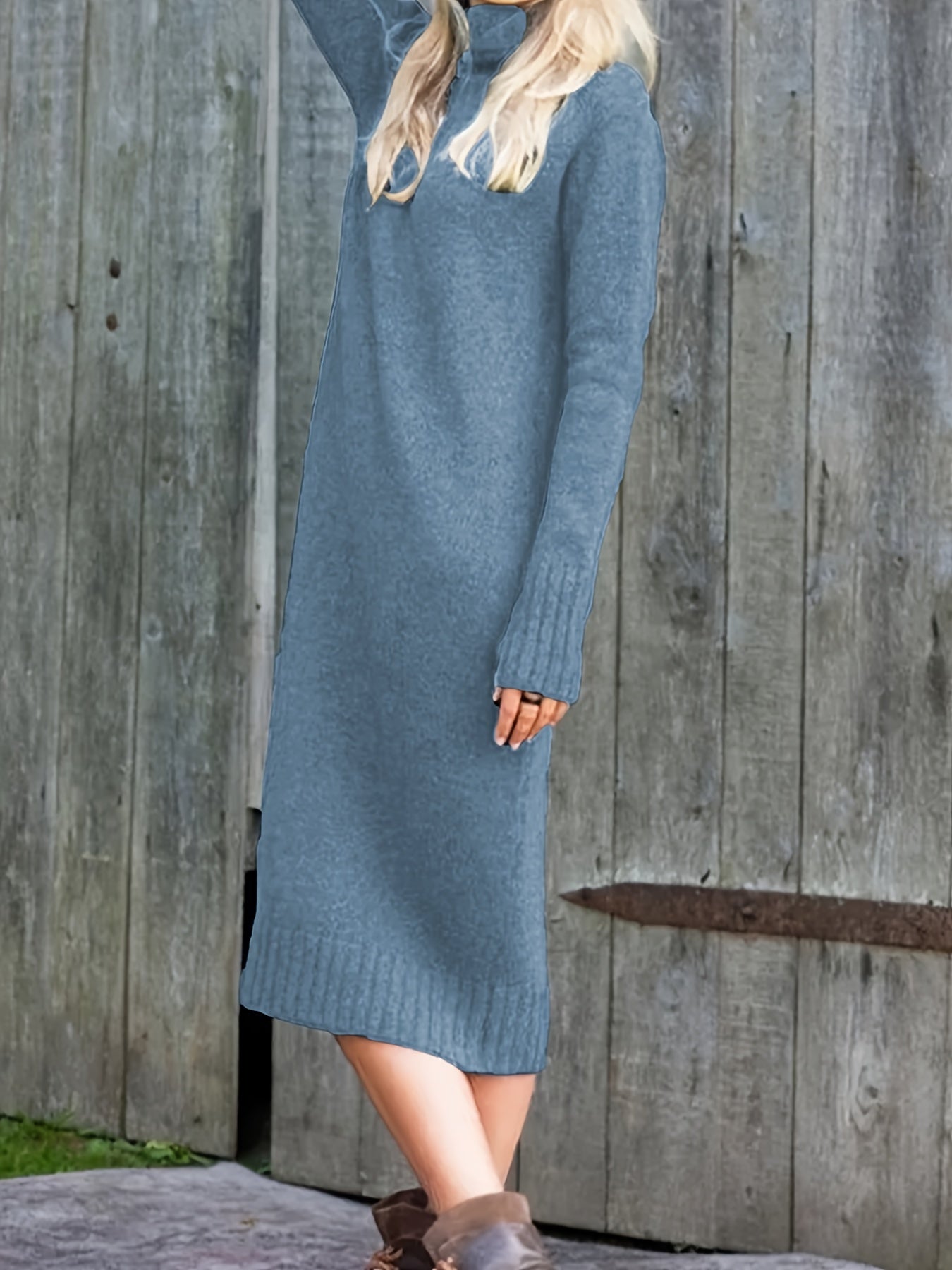 vlovelaw Solid High Neck Sweater Dress, Casual Long Sleeve Midi Dress, Women's Clothing