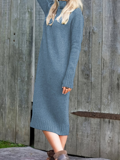 vlovelaw Solid High Neck Sweater Dress, Casual Long Sleeve Midi Dress, Women's Clothing