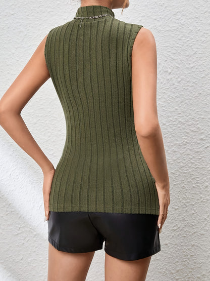 vlovelaw  Solid Mock Neck Ribbed Top, Casual Twist Front Split Sleeveless Asymmetrical Top, Women's Clothing