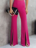 vlovelaw  Split Hem Flare Leg Pants, Elegant High Waist Solid Fashion Comfy Spring Fall Work Pants, Women's Clothing