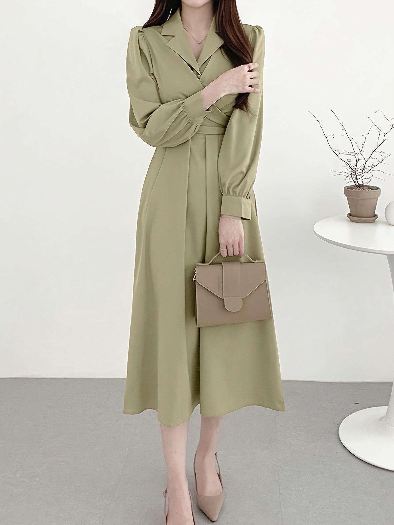 vlovelaw  Cross Front Lapel Dress, Elegant Long Sleeve Tie Back Dress For Spring & Fall, Women's Clothing