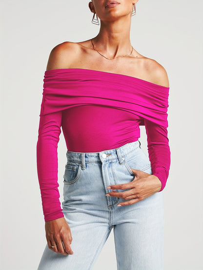 vlovelaw Solid Foldover Bodysuit, Sexy Off Shoulder Long Sleeve Bodysuit, Women's Clothing